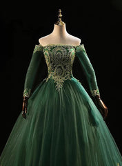 Dark Green Sleeves with Gold Lace Sweet 16 Dresses, Dark Green Long Formal Dresses