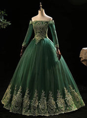 Dark Green Sleeves with Gold Lace Sweet 16 Dresses, Dark Green Long Formal Dresses