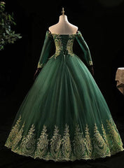 Dark Green Sleeves with Gold Lace Sweet 16 Dresses, Dark Green Long Formal Dresses