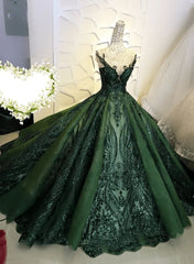 Dark Green Tulle Ball Gown Formal Dresses Shiny Tulle Lace Sweet 16 Dresses prom Dresses shops