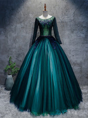 Dark Green Tulle Long Sleeve Appliques Quinceanera Dresses