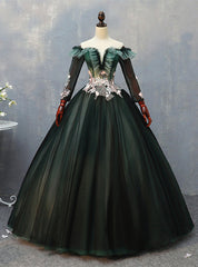 Dark Green Tulle Long Sleeve Off the Shoulder Appliques Quinceanera Dresses