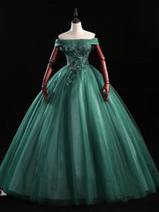 Dark Green Tulle Off the Shoulder Appliques Quinceanera Dresses