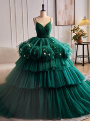 Dark Green Tulle Pleats Tiers Quinceanera Dresses