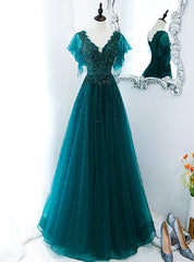 Dark Green Tulle V-neck Beading Prom Dresses