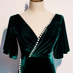 Dark Green Velvet Mermaid Slit V-neckline Formal Dresses Party Dresses, Long Evening Dresses