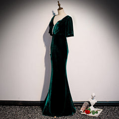 Dark Green Velvet Mermaid Slit V-neckline Formal Dresses Party Dresses, Long Evening Dresses