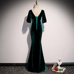 Dark Green Velvet Mermaid Slit V-neckline Formal Dresses Party Dresses, Long Evening Dresses