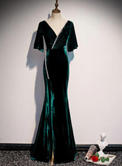 Dark Green Velvet Mermaid Slit V-neckline Formal Dresses Party Dresses, Long Evening Dresses