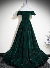 Dark Green Velvet Off Shoulder Long Party Dress, Green A-line Prom Dress