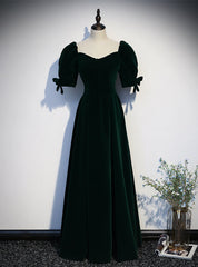 Dark Green Velvet Square Puff Sleeve Prom Dresses