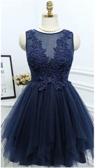 Dark Navy Jewel Sleeveless Homecoming Dresses,Appliques Beading A Line Tulle Semi Formal Dress