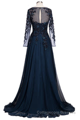 Dark Navy Long A-line Jewel Tulle Formal Evening Dresses with Sleeves