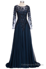 Dark Navy Long A-line Jewel Tulle Formal Evening Dresses with Sleeves