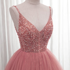 Dark Pink Sequins V-neckline Straps Long Evening Dress, Tulle Pink Prom Dress