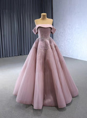 Dark Pink Tullle Strapless Pleats Beading Prom Dresses