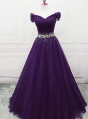 Dark Purple Beaded Tulle Off Shoulder Party Dresses Purple Junior Prom Dresses prom Dresses shops