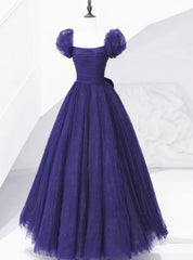 Dark Purple Tulle Sequins Puff Sleeve Pleats Prom Dresses