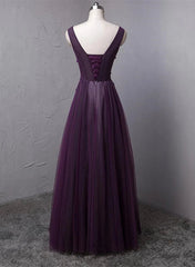 Dark Purple V-neckline Beaded Tulle Long Formal Dresses Purple Evening Dresses prom Dresses shops