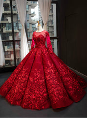 Dark Red Ball Gown Tulle Appliques Long Sleeve Backless Luxury Prom Dresses