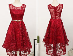 Dark Red High Low Lace Party Dresses Homecoming Dresses, Red Short Prom Dresses