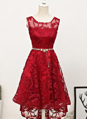 Dark Red High Low Lace Party Dresses Homecoming Dresses, Red Short Prom Dresses