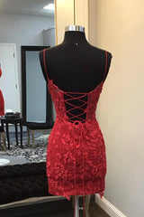 Dark Red Homecoming Dress, Corset Tight Short Mini Dress with Appliques