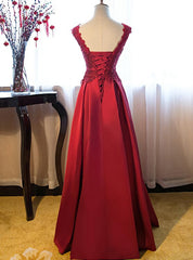 Dark Red Lace Long Junior Prom Dress, Lace Top Party Dress