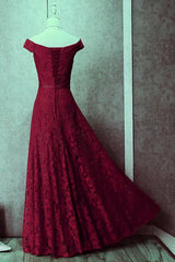 Dark Red Lace Off Shoulder Bridesmaid Dress, Long Prom Dress