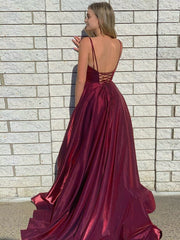 Dark Red Satin A Line Tight Long Prom Dresses With Slit