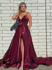 Dark Red Satin A Line Tight Long Prom Dresses With Slit