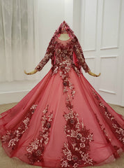 Dark Red Tulle Embroidery Appliques Long Sleeve Wedding Dresses