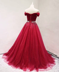 Dark Red Tulle Off Shoulder Long Prom Dress, Beaded Party Dress