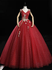 Dark Red Tulle Sequins V-neck Appliques Quinceanera Dresses