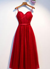 Dark Red Tulle Sweetheart Straps Wedding Party Dresses, Red Homecoming Dresses Prom Dresses