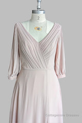 Deep V-neck 1/2 Sleeves Chiffon Max Dresses Side-Slit Floor-Length Bridesmaid Dress