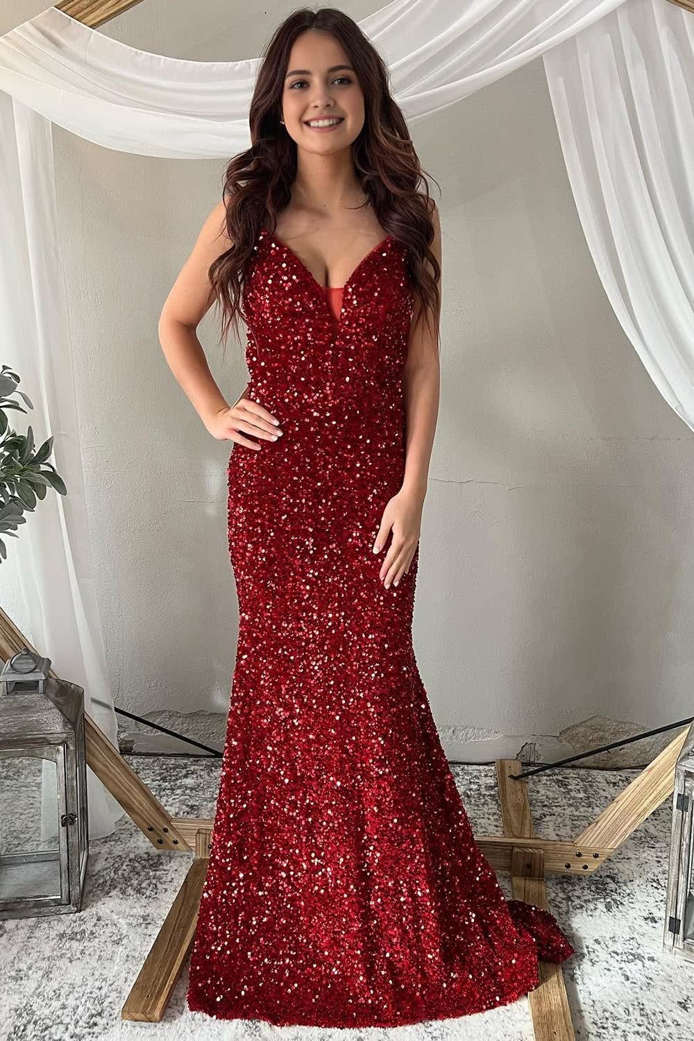 Deep V Neck Mermaid Sparkly Burgundy Sequins Long Prom Dress