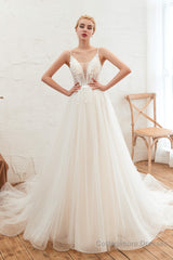 Deep V See Through Neck Bridal Dresses Spaghetti Straps Fairy Tulle Wedding Gowns