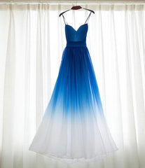 Spaghetti Strap Royal Blue Ombre Bridesmaid Dresses, Chiffon Prom Dress, A Line Bridesmaid Gown