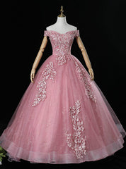 Discover The Latest Pink Ball Gown Tulle Appliques Off the Shoulder Pearls Quinceanera Dresses