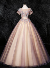 Discover The Latest Pink Ball Gown Tulle Short Sleeve Appliques Pearls Quinceanera Dresses