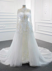 Discover The Latest White Mermaid Tulle High Neck Pearls Wedding Dresses With Removable Train