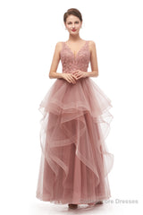 Double V-Neck Beaded Applique Layered Tulle Prom Dresses