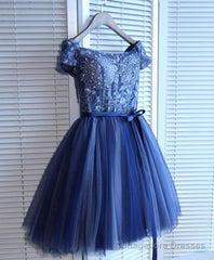 Blue Lace Off Shoulder Short Prom Dress, Blue Evening Dress