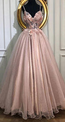 A Line V Neck Tulle Long Prom Dresses, Pearl Pink Appliques Formal Evening Dresses