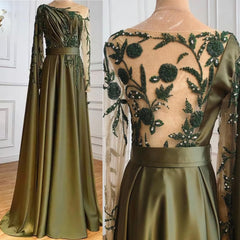 Luxury Olive Green Evening Moroccan Dresses, Beading Sequined Formal Party Wear Gown Dubai Evening Dresses