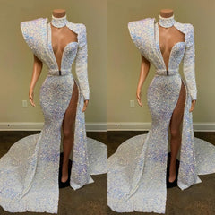 Gorgeous Sequin Long Mermaid Prom Dresses, 2025 Sexy High Slit Sheer High Neck Single Long Sleeve African Black Girl Prom Dress