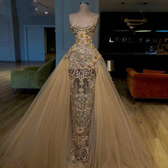 Gold Detachable Sequins Prom Dress, Sheath Fashion Lace Evening Dresses, 2025 Party Dresses, Custom Make Formal Dress