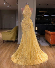 Yellow Evening Dresses, Long High Neck Sparkly Feather Luxury Bling Evening Gown Formal Dresses, Long Prom Dresses