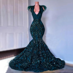 Dark Green Sequined Mermaid Prom Dresses, 2025 For African Black Girls Court Train Feather V Neck Sexy Formal Party Gowns